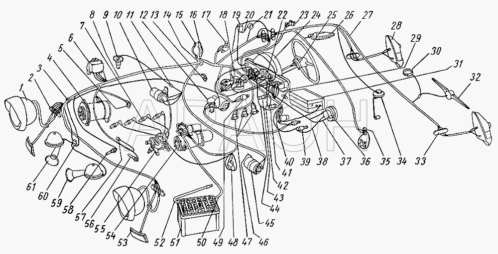 Схема электрооборудования (с правым расположением рулевого управления) ГАЗ-21 (каталог 69 г.)