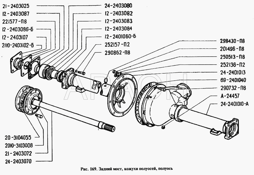Задний мост, кожухи полуосей, полуось ГАЗ-24