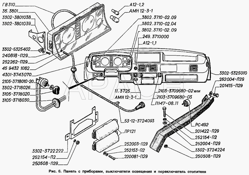 Панель с приборами, выключатели освещения и переключатель отопителя ГАЗ-2705 (ГАЗель)