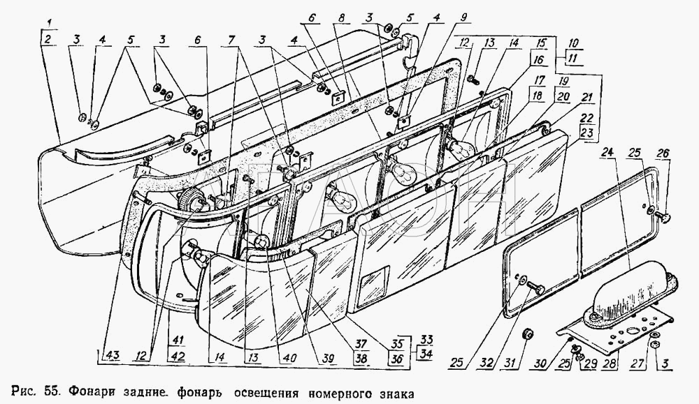 Фонари задние, фонарь освещения номерного знака ГАЗ-3102