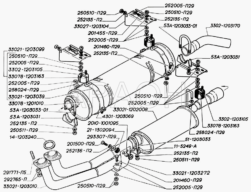 Глушитель, резонатор, трубы и подвеска глушителя двигателей ЗМЗ-402 ГАЗ-3302 (2004)