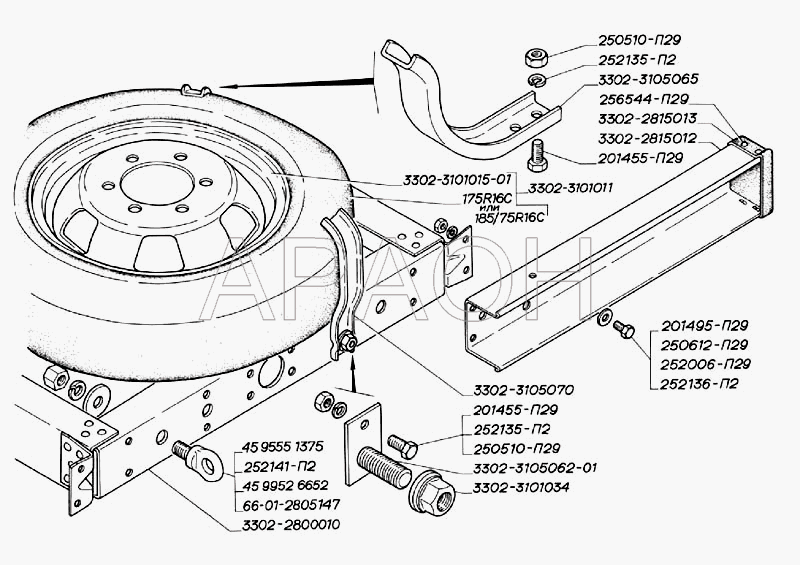 Установка и крепление запасного колеса на бортовом автомобиле ГАЗ-3302 (2004)