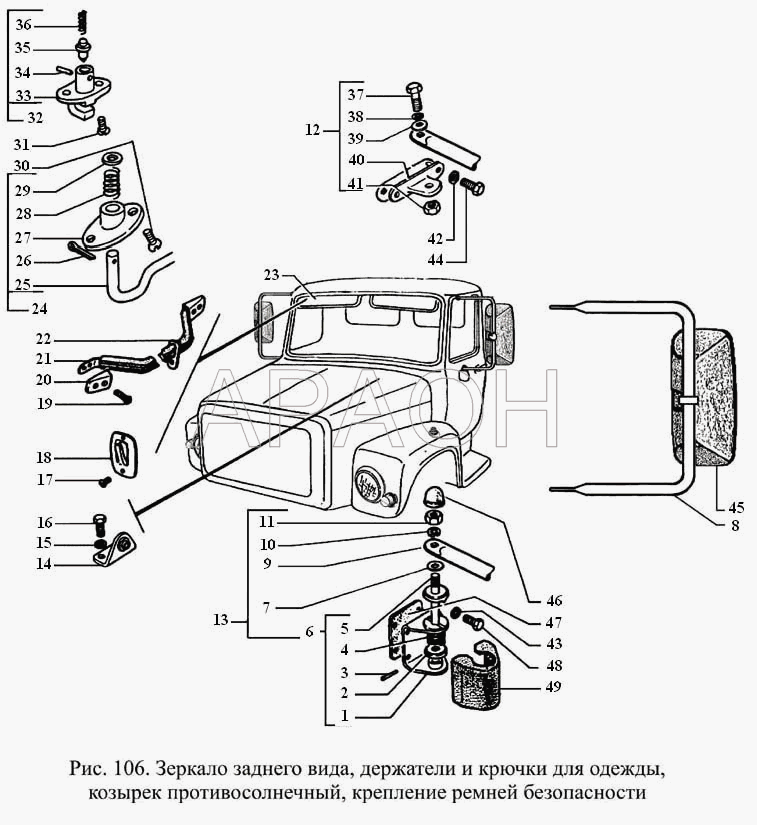 Зеркало заднего вида, держатели и крючки для одежды, козырек противосолнечный, крепление ремней безопасности ГАЗ-3308