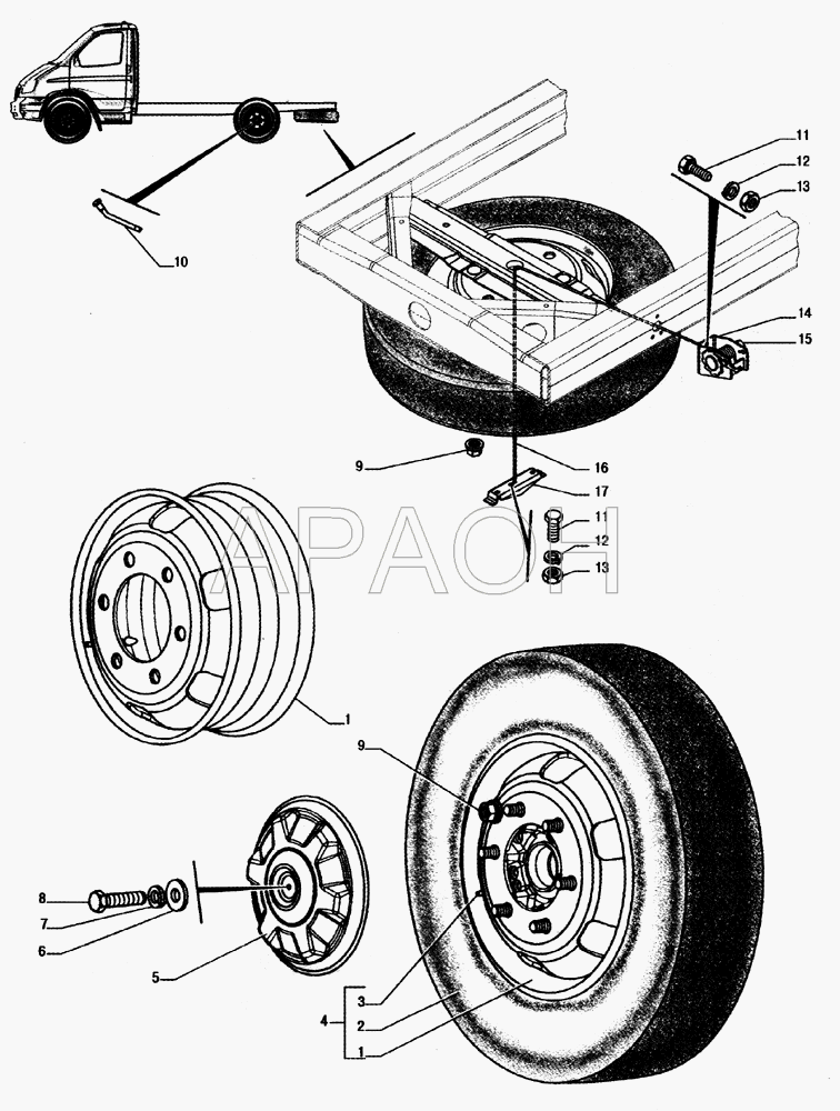 Установка колес, установка держателя запасного колеса ГАЗ-33104 Валдай