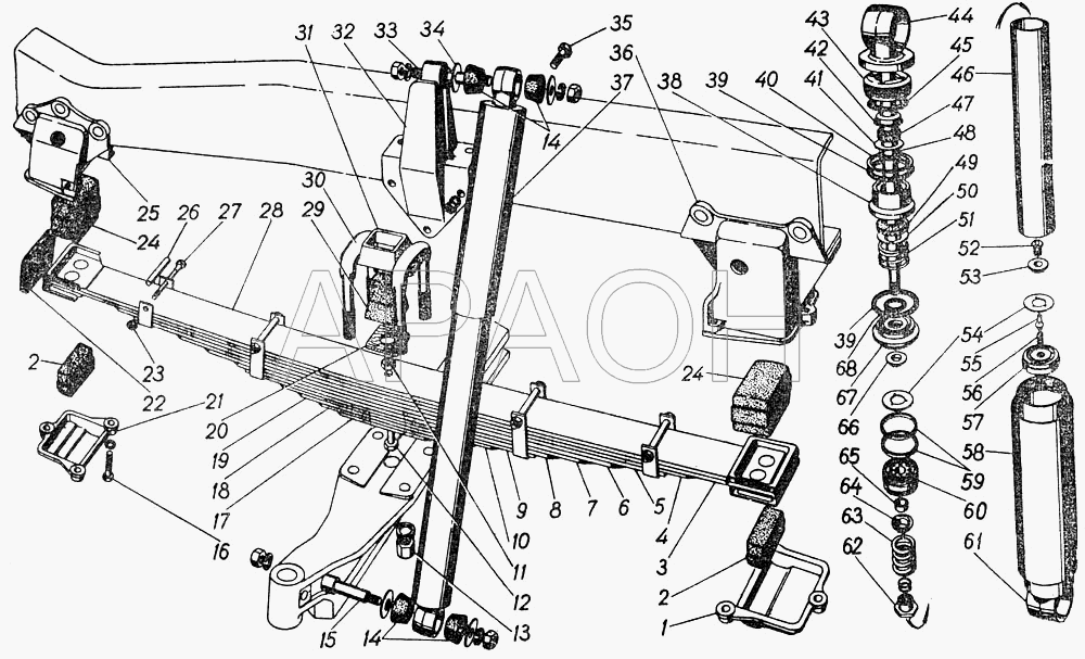 Передние рессоры и амортизаторы передней подвески ГАЗ-5312
