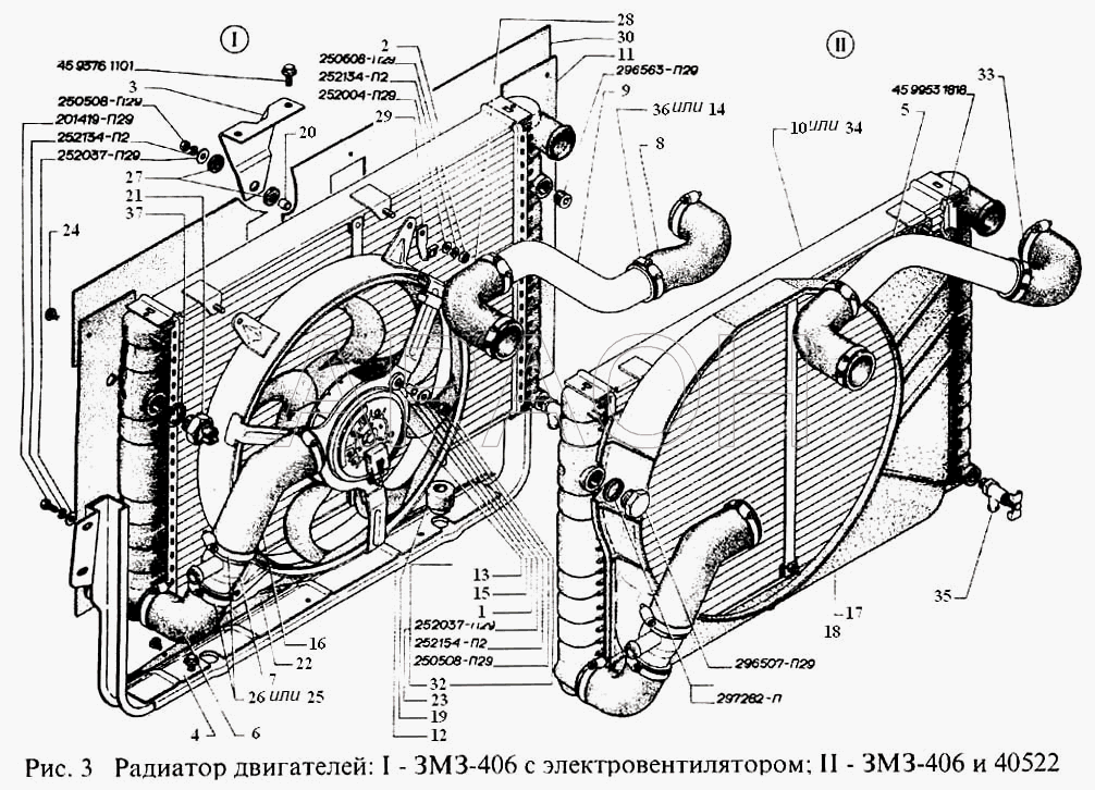 Радиатор двигателей: I-ЗМЗ-406 с электровентилятором, II-ЗМЗ-406 и ЗМЗ-40522 ГАЗель, Соболь (2003)