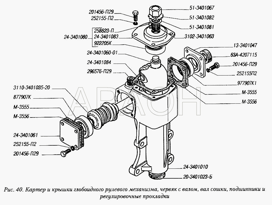 Картер и крышки глобоидного рулевого механизма, червяк с валом, вал сошки и регулировочные прокладки ГУР 3110 и 3102