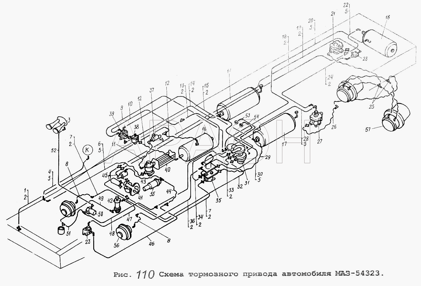 Схема тормозного привода автомобиля МАЗ-54323 МАЗ-54323