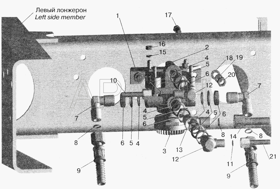 Установка ускорительного клапана и присоединительной арматуры МАЗ-543208, 543205, 543203, 543202 МАЗ-5516 (2003)