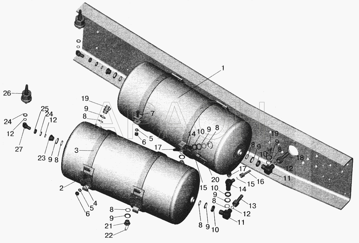 Установка ресиверов и присоединительной арматуры МАЗ-555102 МАЗ-5516 (2003)