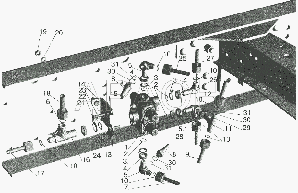Крепление четырехконтурного клапана (рессорная подвеска, без ограничения скорости) МАЗ-543208, 543205 МАЗ-6422