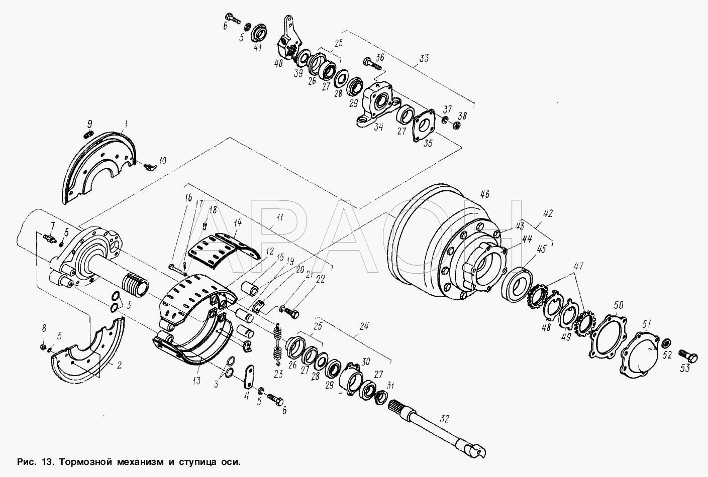 Тормозной механизм и ступица оси МАЗ-9506