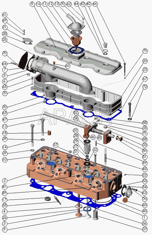 Головка цилиндров, клапаны и толкатели клапанов Д-245.30Е2-471