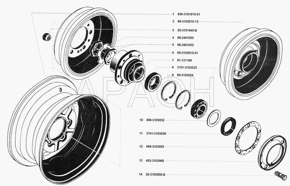 Колеса, ступицы передних и задних колес УАЗ 3741 (каталог 2002 г.)
