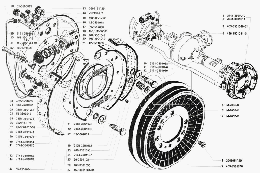 Тормоза рабочие передние и тормозные барабаны УАЗ 3741 (каталог 2002 г.)