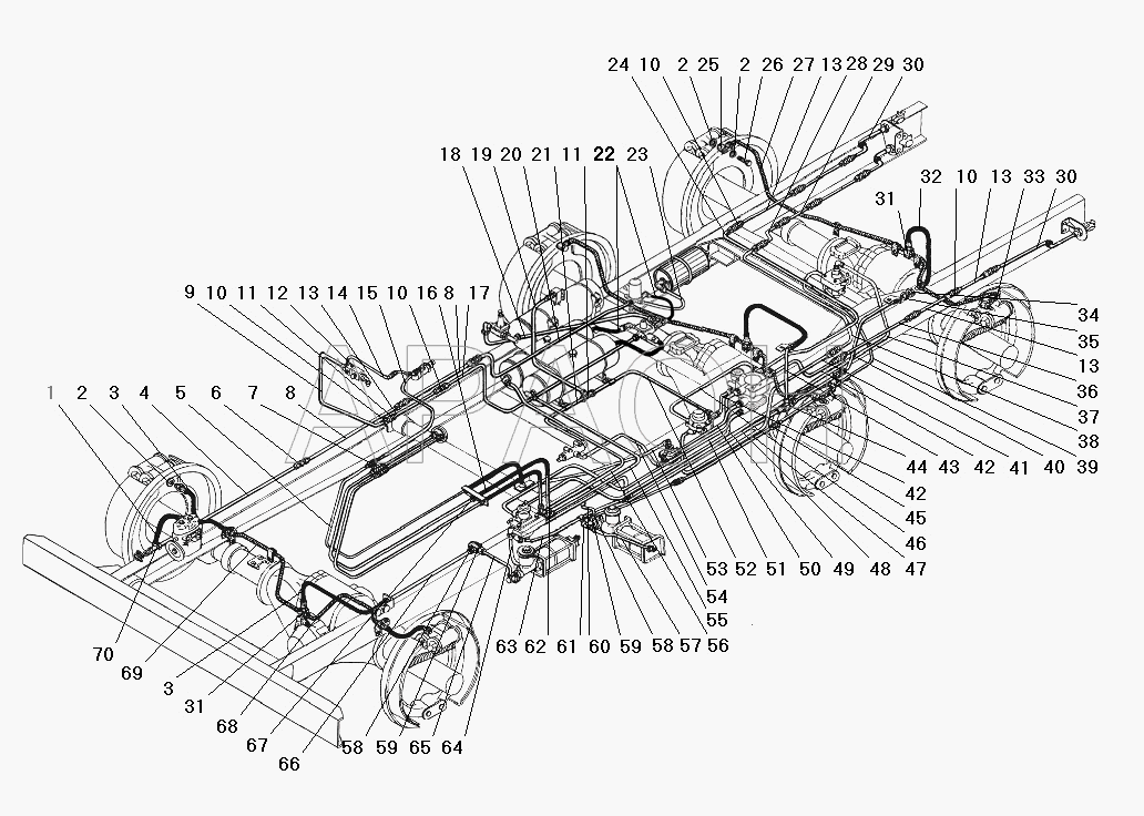 Трубопроводы и шланги пневмогидравлического привода рабочих тормозов с комбинированным приводом УРАЛ 4320-31