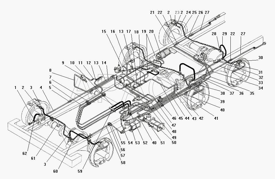 Трубопроводы и шланги пневмогидравлического привода рабочих тормозов без АБС УРАЛ 4320-41