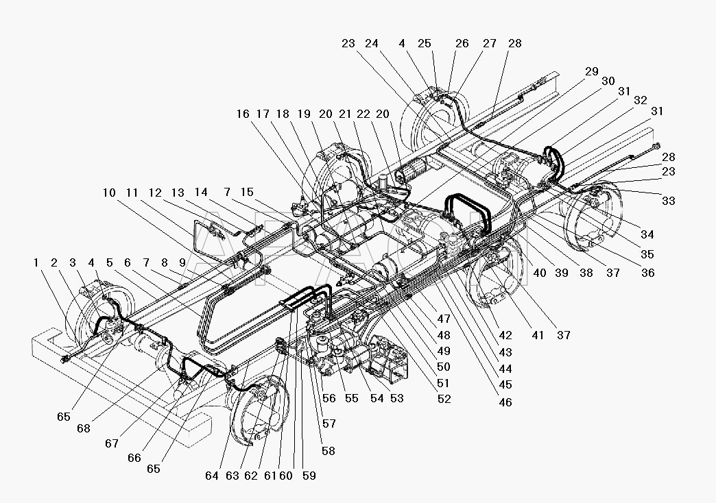 Трубопроводы и шланги гидропневматического привода рабочих тормозов УРАЛ 5557-40