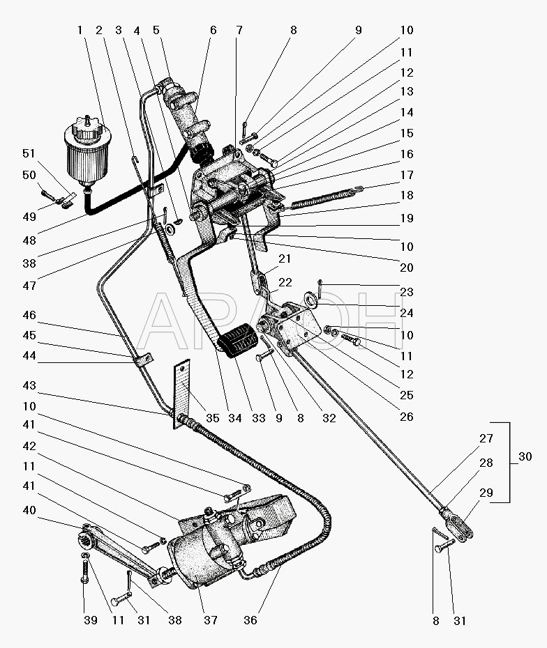 Привод педалей сцепления и тормоза с пневмогидроуправлением УРАЛ 5557-40