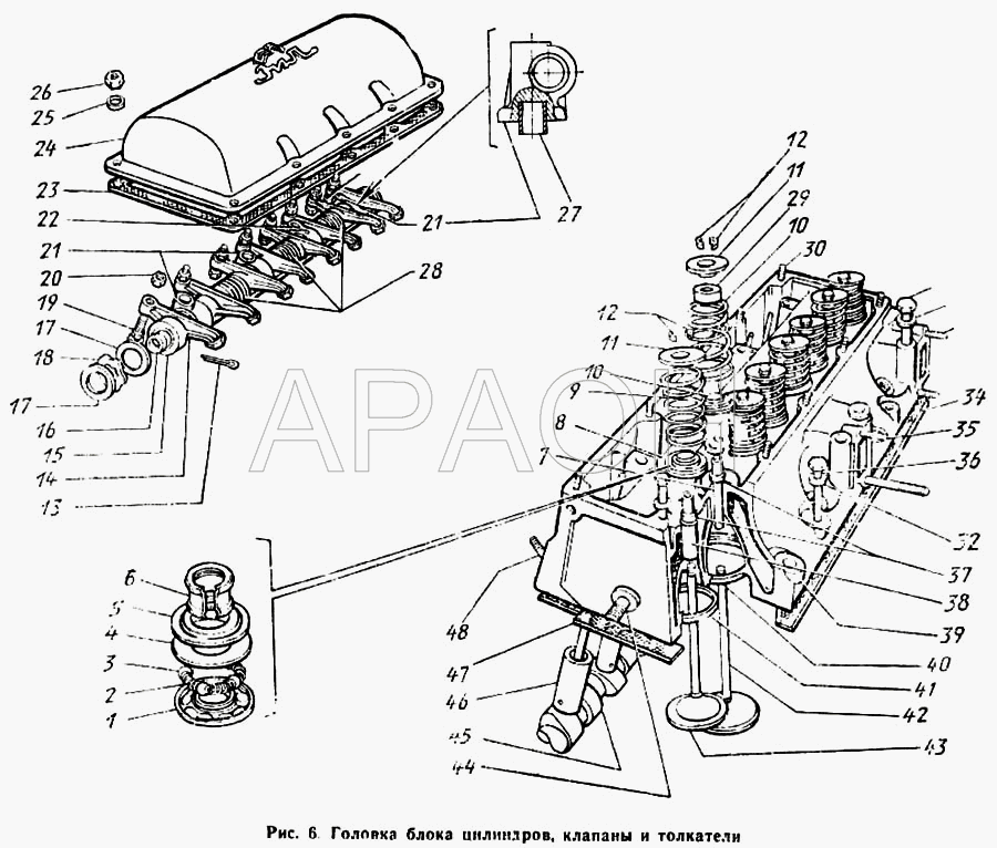 Головка блока цилиндров, клапаны и толкатели ЗиЛ 431410 Каталог 1989 г.