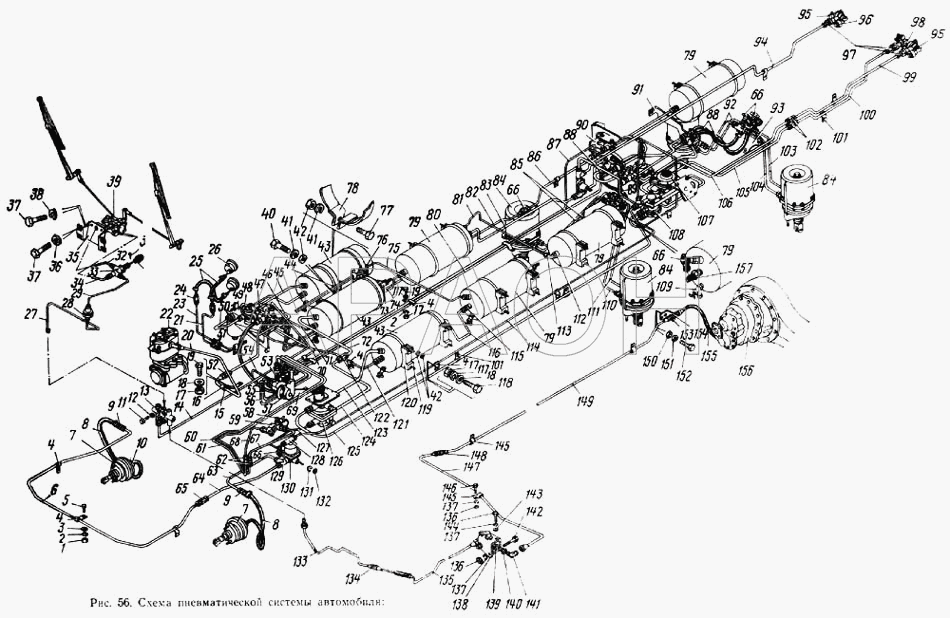 Схема пневматической системы автомобиля ЗИЛ 133ГЯ